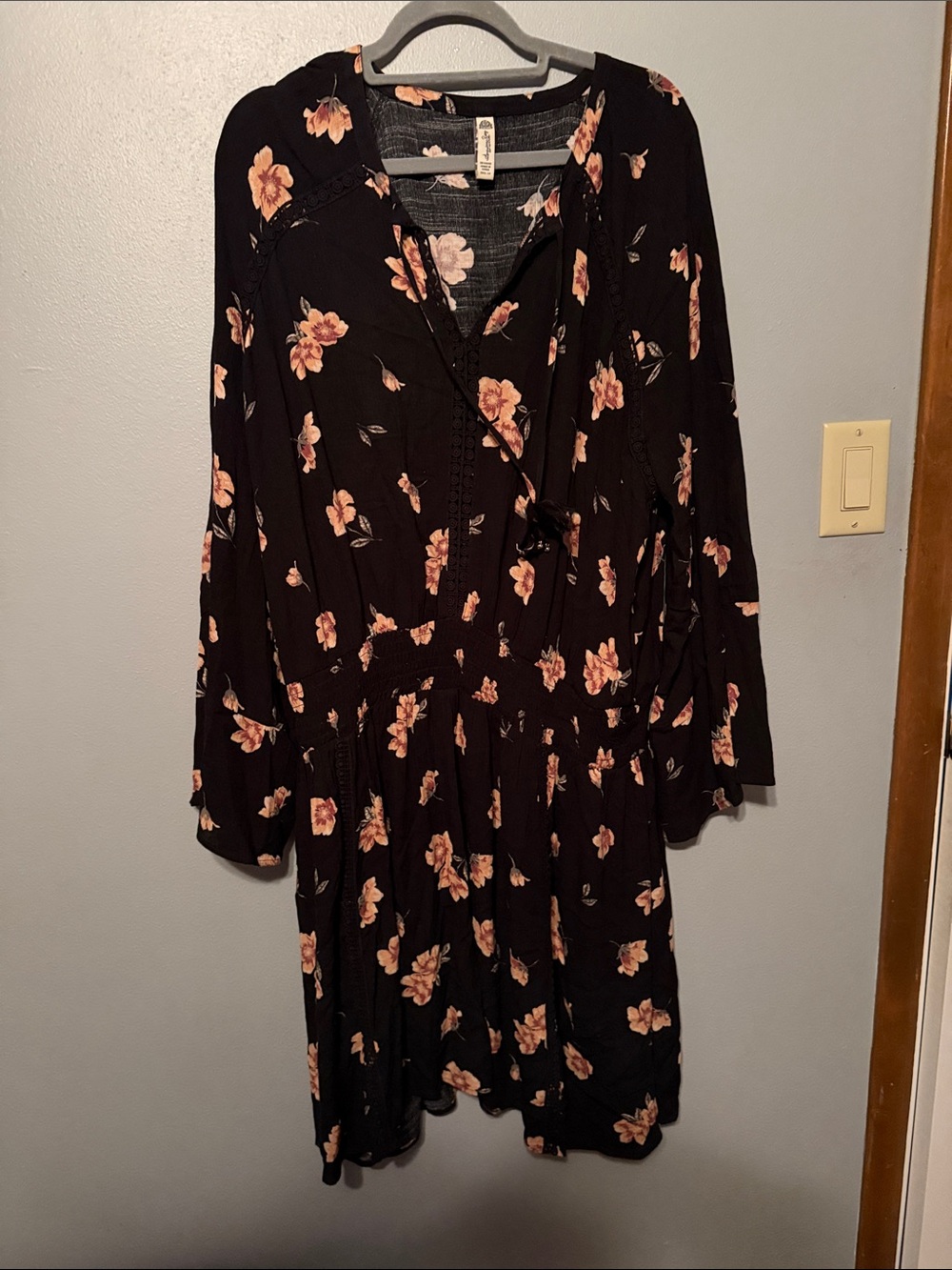 American Rag Black Long-Sleeve Floral Wrap Dress with Pink Flowers
